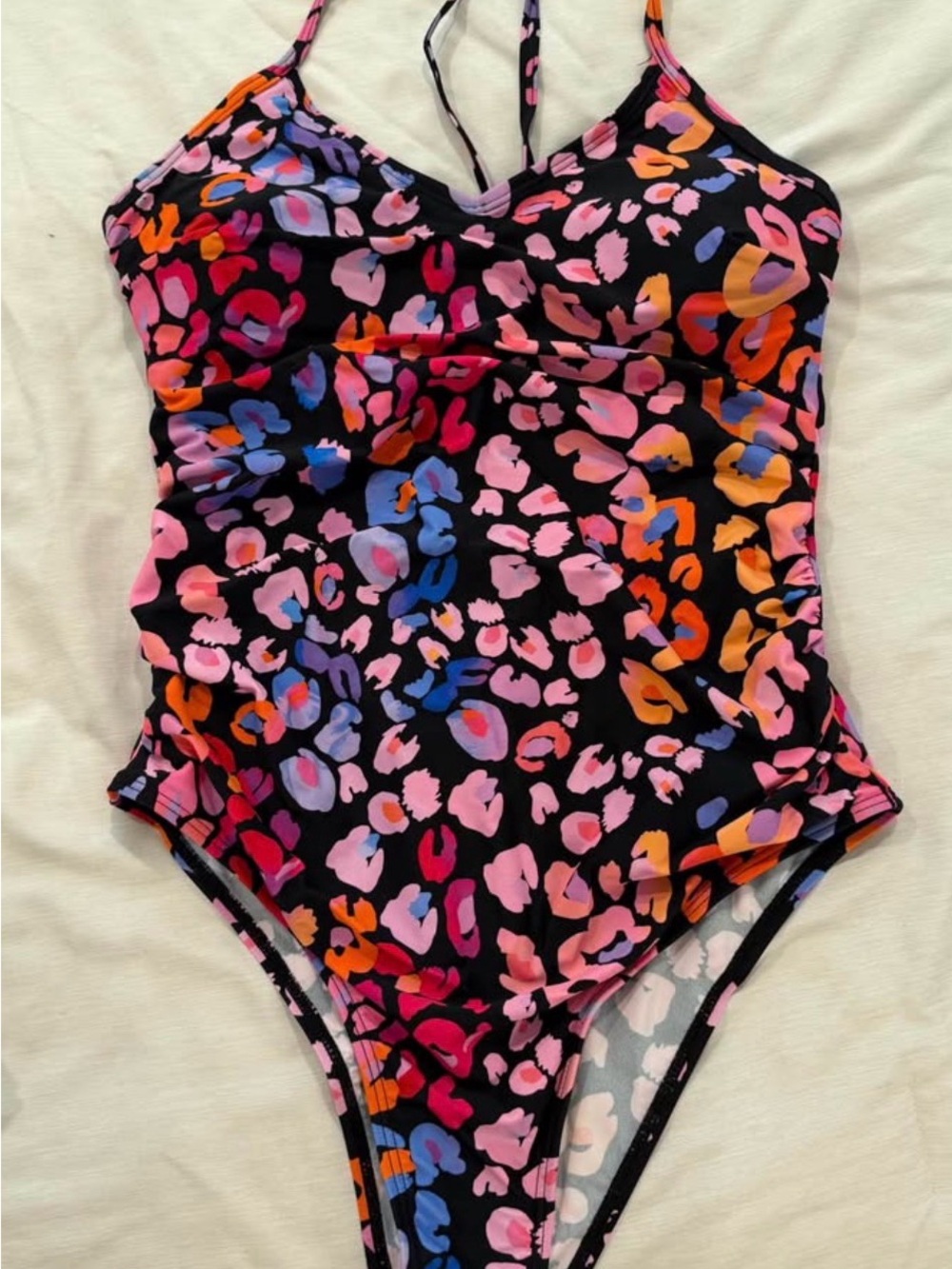 One-Piece Swimsuit - Black with Multicolor Leopard Print